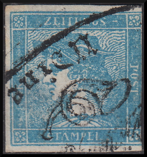 FF35 - 1851 - Mercury greyish blue type I (c. 3) vertical ribbed paper used with "direction gazzette Udine" cancellation, R1 points (6).