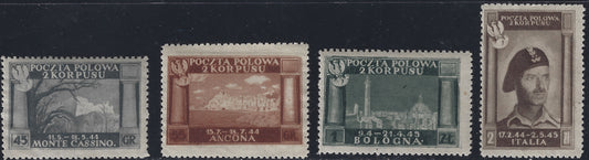 FF9 - 1946 - Polish Corps, Polish victories in Italy series on greyish poor quality paper, new intact rubber for the first three values, without rubber for the fourth (9/12)