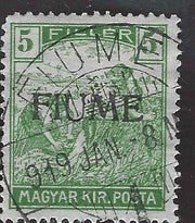 F165 - 1918 - Mietitori, 5 filler verde giallo soprastampa a mano FIUME del II tipo usato (6/II)