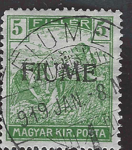F165 - 1918 - Mietitori, 5 filler verde giallo soprastampa a mano FIUME del II tipo usato (6/II)