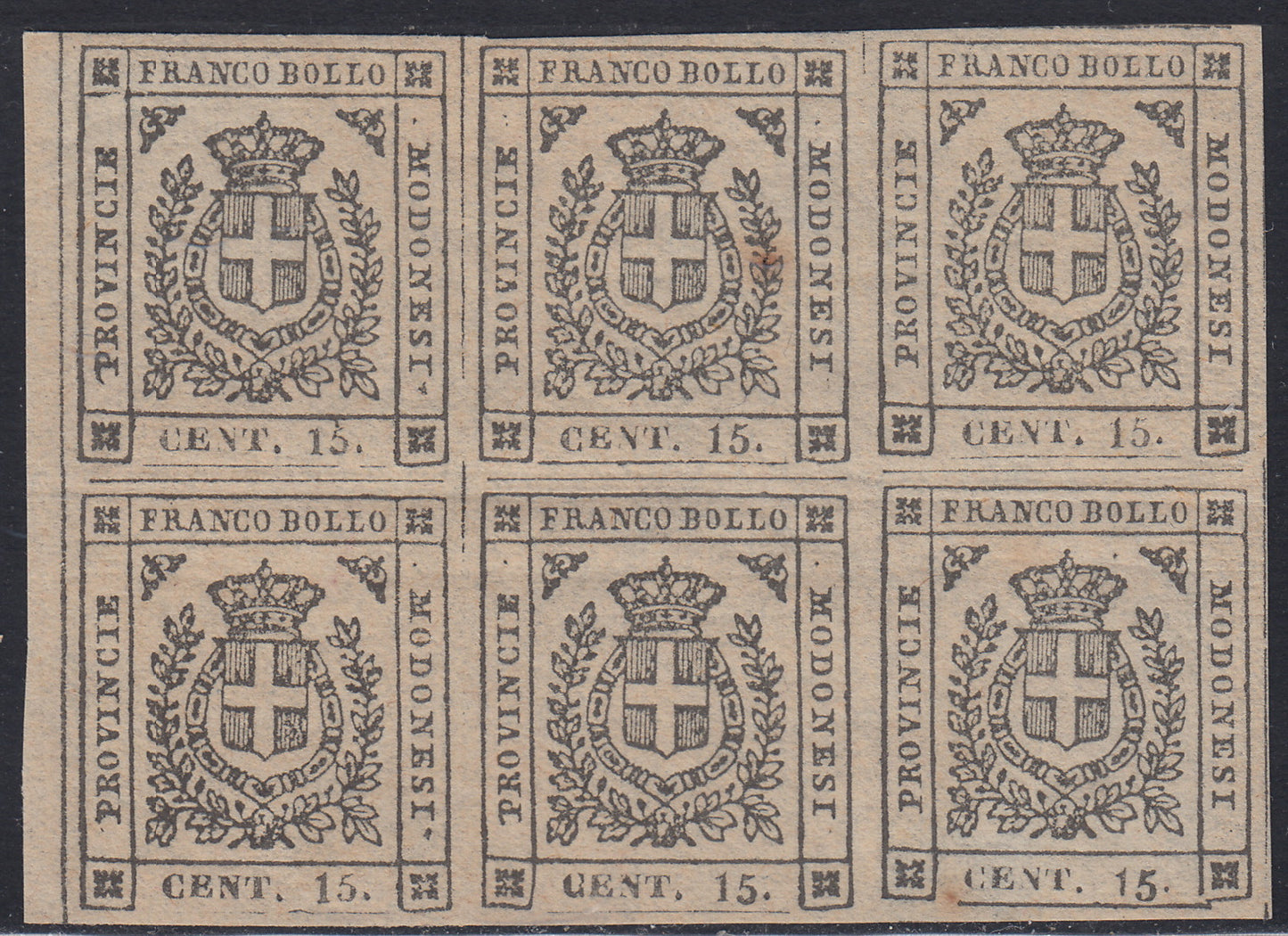 exFM21 - 1859 - Scudo di Savoia sormontato da corona reale, c. 15 grigio blocco di sei esemplari nuovo con gomma, quattro integri (14)