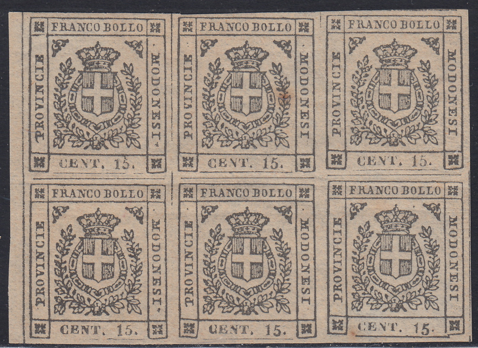 exFM21 - 1859 - Scudo di Savoia sormontato da corona reale, c. 15 grigio blocco di sei esemplari nuovo con gomma, quattro integri (14)