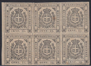 exFM21 - 1859 - Scudo di Savoia sormontato da corona reale, c. 15 grigio blocco di sei esemplari nuovo con gomma, quattro integri (14)