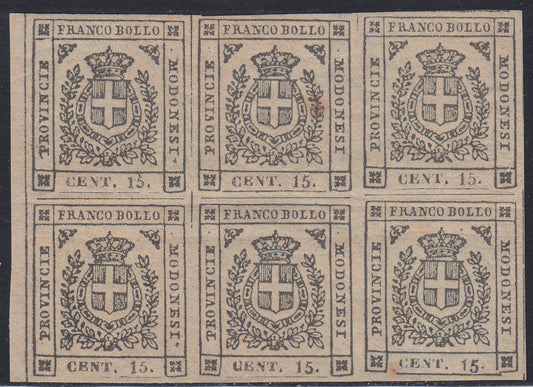 exFM21 - 1859 - Scudo di Savoia sormontato da corona reale, c. 15 grigio blocco di sei esemplari nuovo con gomma, quattro integri (14)