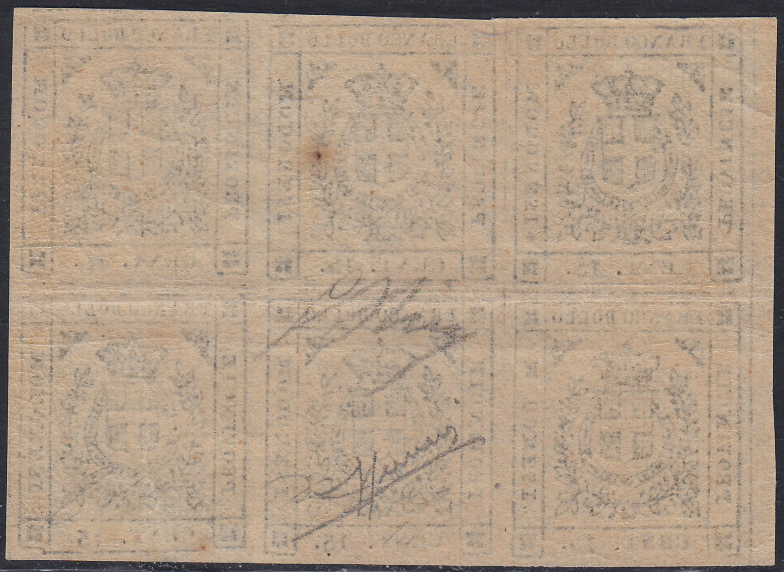 exFM21 - 1859 - Scudo di Savoia sormontato da corona reale, c. 15 grigio blocco di sei esemplari nuovo con gomma, quattro integri (14)