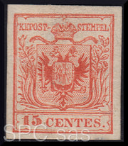 FY206 - 1866 - I emissione, c. 15 rosso ristampa ufficiale nuova con gomma originale (R3)