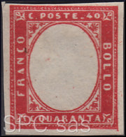 FY681 - 1861 - IV emissione c. 40 rosso carminio nuovo con gomma a RECTO e privo di effigie sovrana (16D, varietà)