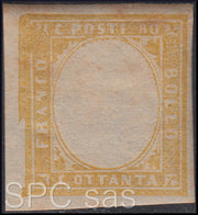 FY692 - 1859 - IV emissione c. 80 giallo limone olivastro nuovo con gomma e senza effigie sovrana (17Ab)