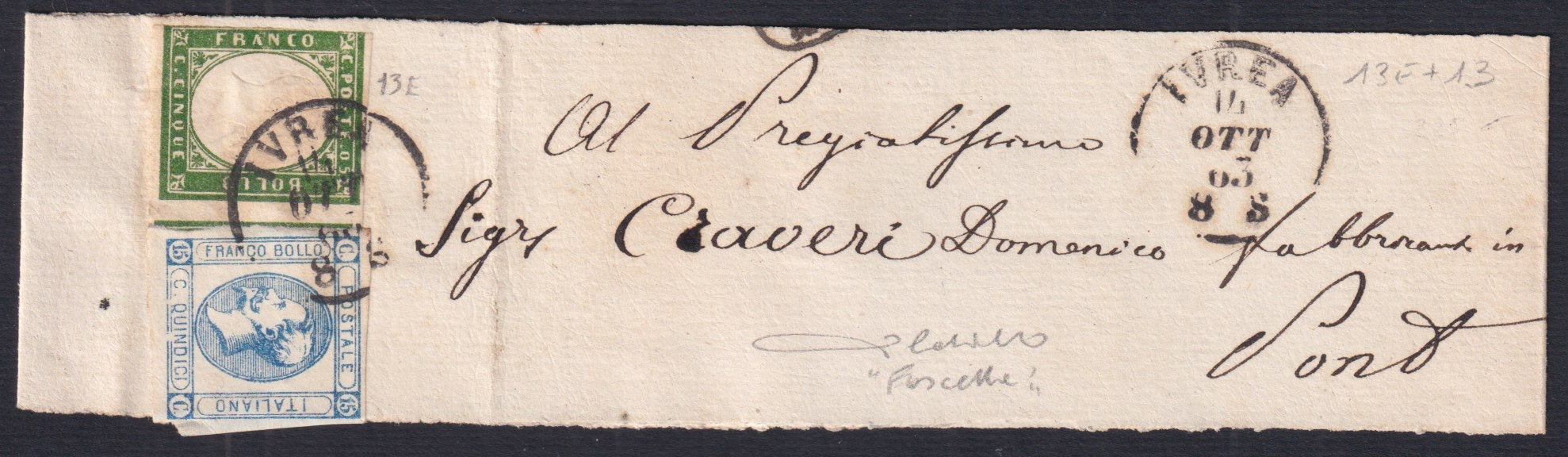 Fascetta - 1863 - Fascetta di rivista affrancata con Sardegna c. 5 + Regno c. 15 azzurro IVREA-Pont Canavese 14/10/63 (13E + 13)
