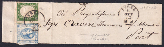 Fascetta - 1863 - Fascetta di rivista affrancata con Sardegna c. 5 + Regno c. 15 azzurro IVREA-Pont Canavese 14/10/63 (13E + 13)