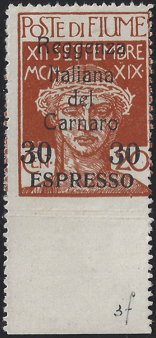 Fiume13 - 1920 - Legionaries of Fiume, c. 30 on c. 20 ocher overprinted Reggenza Italiana del Carnaro and "ESPRESSO", unperforated copy on the bottom, new with intact gum (3e)