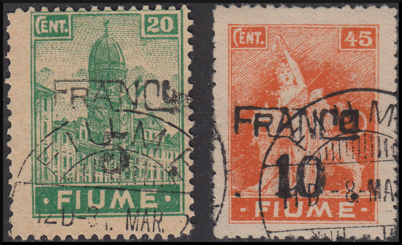 Fiume141 - 1919 - Allegories and Views, type "A" paper, hand overprinted Franco and cipher, paper A c. 5 on c. 20 emerald green + c. 10 on c. 45 used orange (A75, A77)