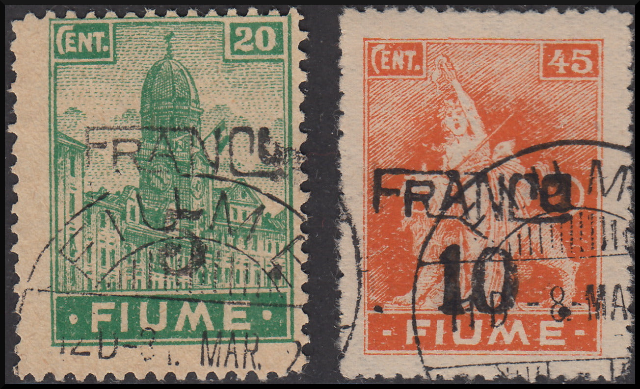 Fiume141 - 1919 - Allegorie e Vedute, carta tipo "A" soprastampa a mano Franco e cifra, carta A c. 5 su c. 20 verde smeraldo + c. 10 su c. 45 arancio usati (A75, A77)
