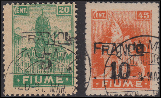 Fiume141 - 1919 - Allegories and Views, type "A" paper, hand overprinted Franco and cipher, paper A c. 5 on c. 20 emerald green + c. 10 on c. 45 used orange (A75, A77)