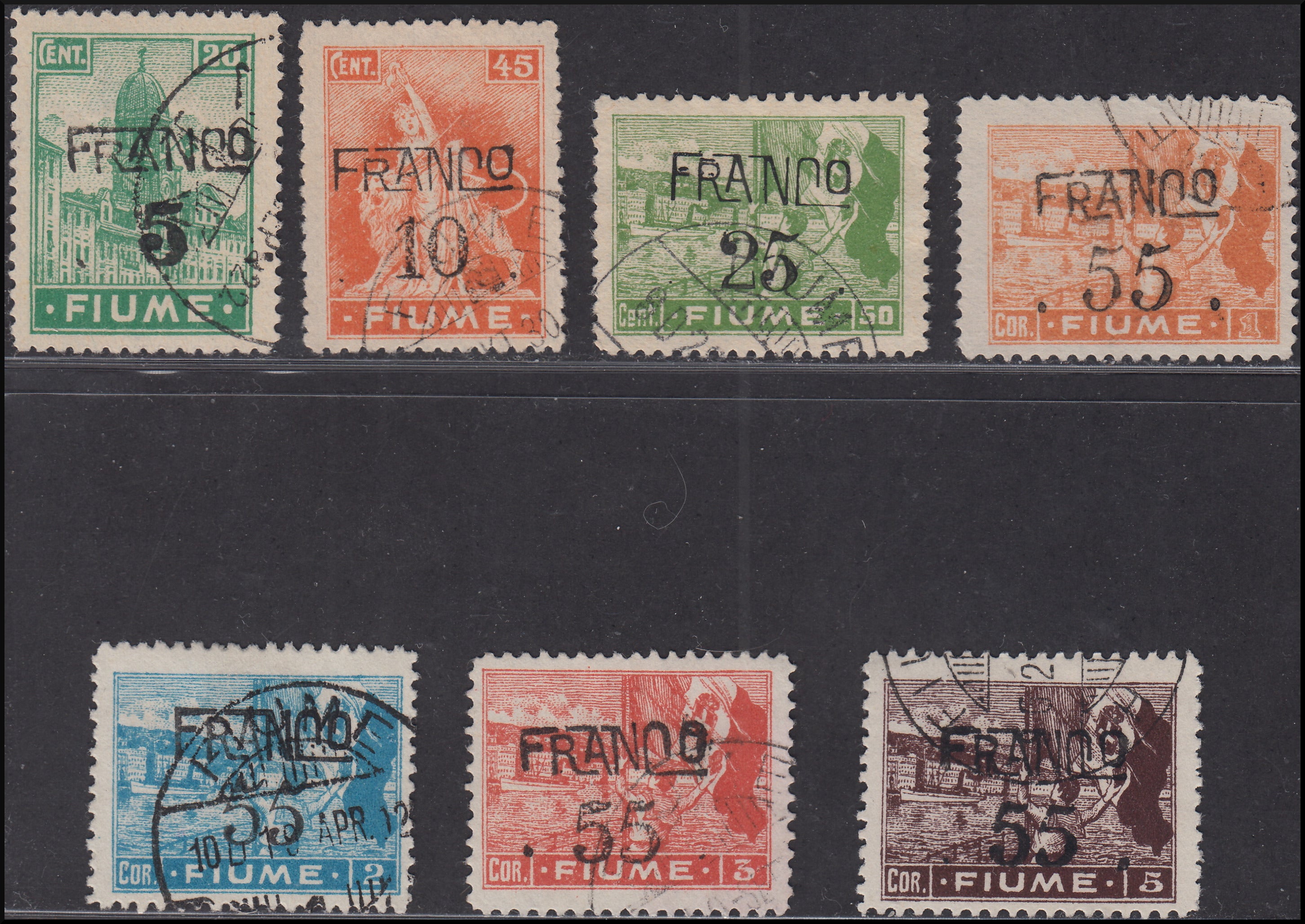 Fiume142 - 1919 - Allegories and Views, type "C" paper, hand overprinted Franco and cipher, seven values ​​used (C75, C77, C81, C83,/86