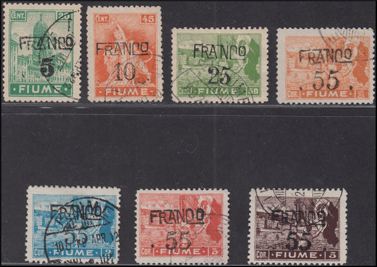 Fiume142 - 1919 - Allegories and Views, type "C" paper, hand overprinted Franco and cipher, seven values ​​used (C75, C77, C81, C83,/86