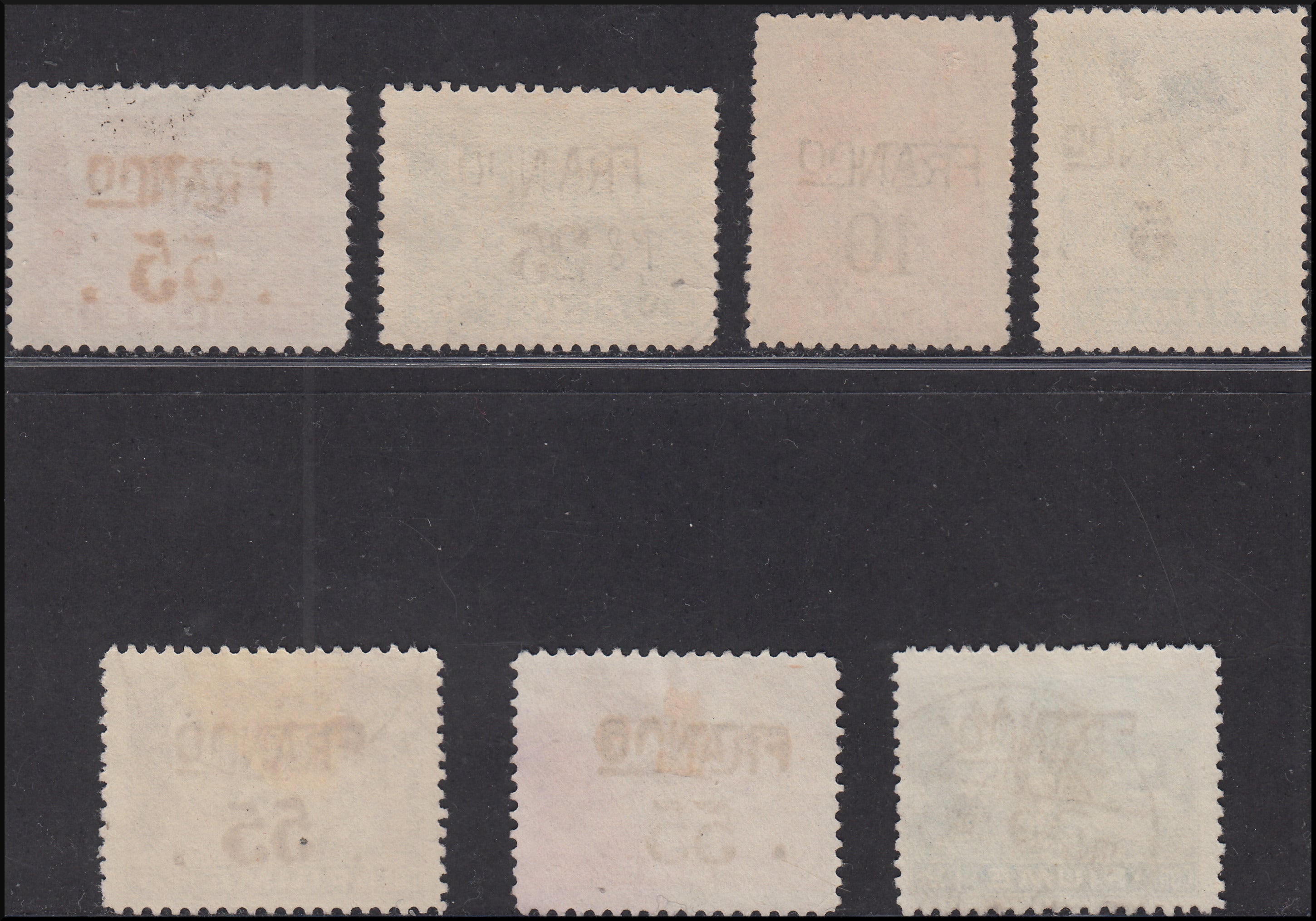 Fiume142 - 1919 - Allegories and Views, type "C" paper, hand overprinted Franco and cipher, seven values ​​used (C75, C77, C81, C83,/86