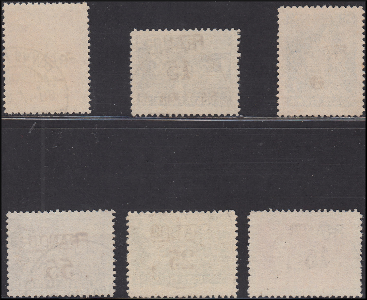 Fiume143 - 1919 - Allegories and Views, "D" type paper, Franco hand overprint and FRANCO FIUME cipher and cartouche, used complete series A paper (D76, D78/80, D82, D87)