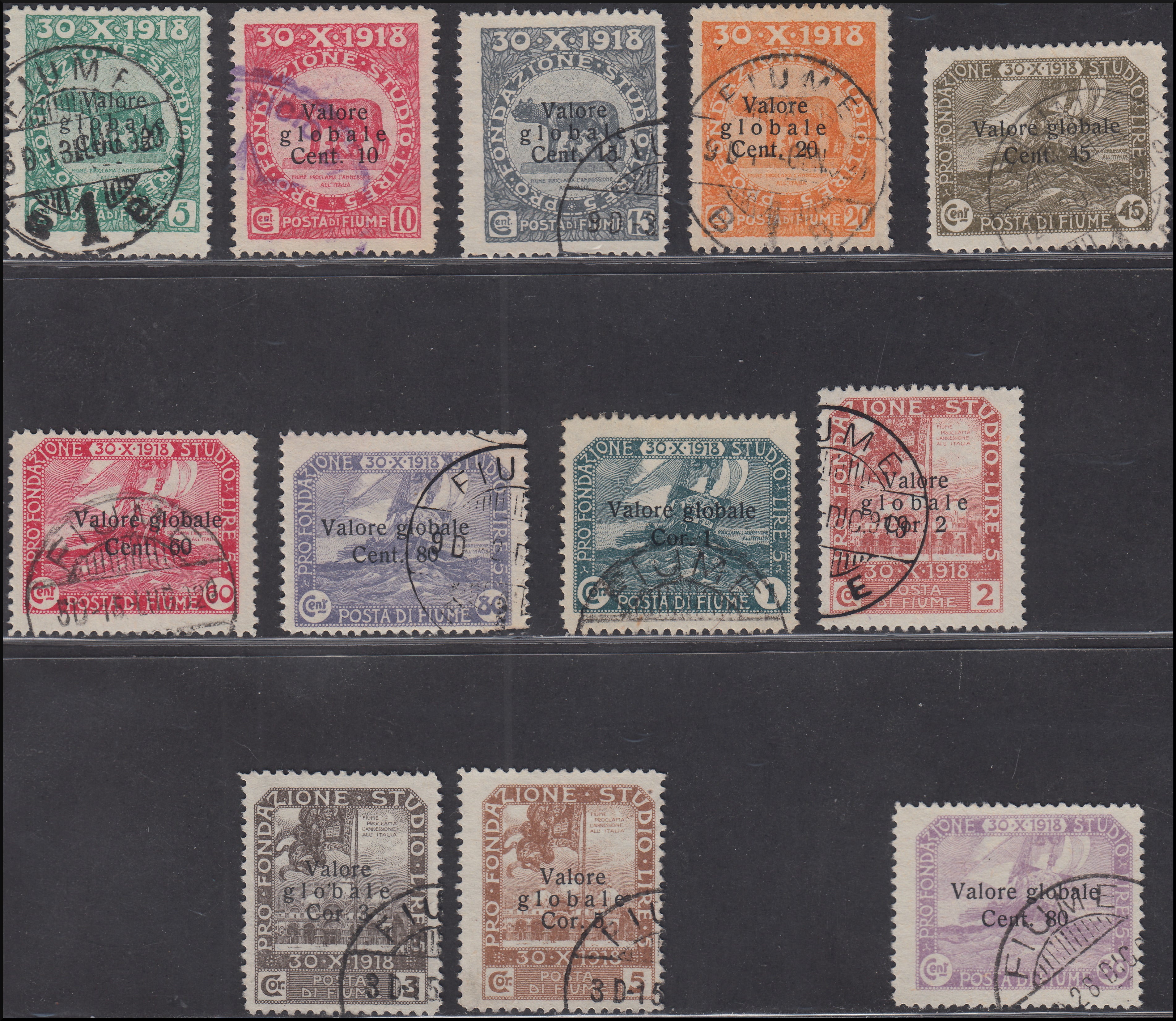 Fiume144 - 1919 - Pro Fondazione Studio, prima serie soprastampata usata (88/98+94a)