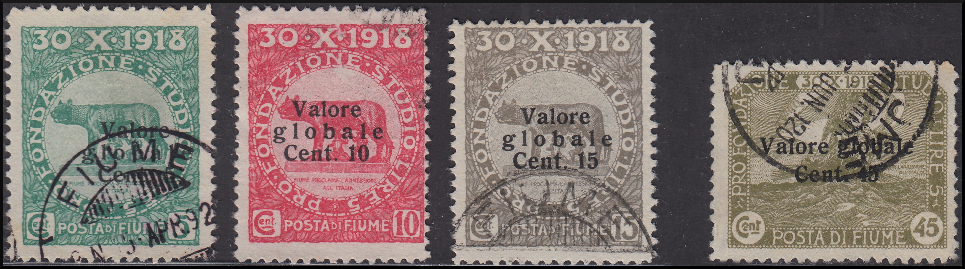 Fiume146 - 1920 - Pro Fondazione Studio, terza serie soprastampata usata (99/I, 100/I, 101/I, 112)