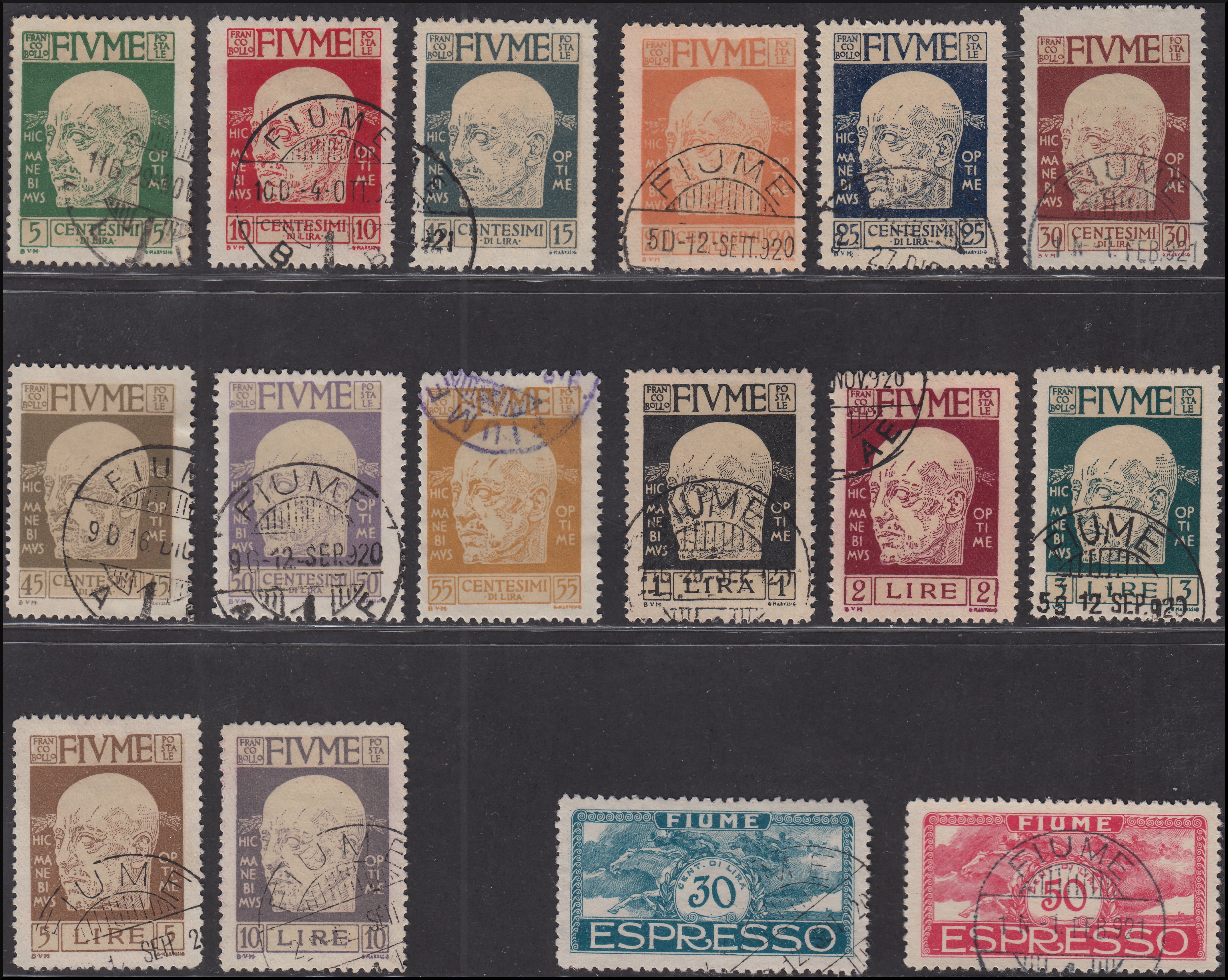 Fiume147 - 1920 - Effigie di D'Annunzio, serie completa di 14 valori.+ 2 espressi usata (113/126 + E1, E2)