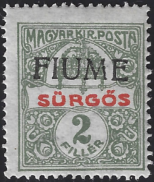 Fiume15 - 1918 - Francobollo d'Ungheria per giornali, 2 filer verde con soprastampa a mano del IV tipo obliqua, nuovo con gomma integra (2/IVba)