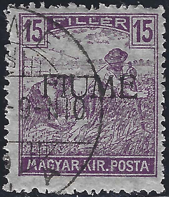F161 - 1918 - Mietitori, 15 filler violetto soprastampa a mano FIUME del II tipo usato (9/II)