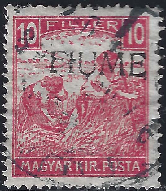 F162 - 1918 - Mietitori, 10 filler carminio cifre bianche soprastampa a mano FIUME del II tipo usato (22/IIa)