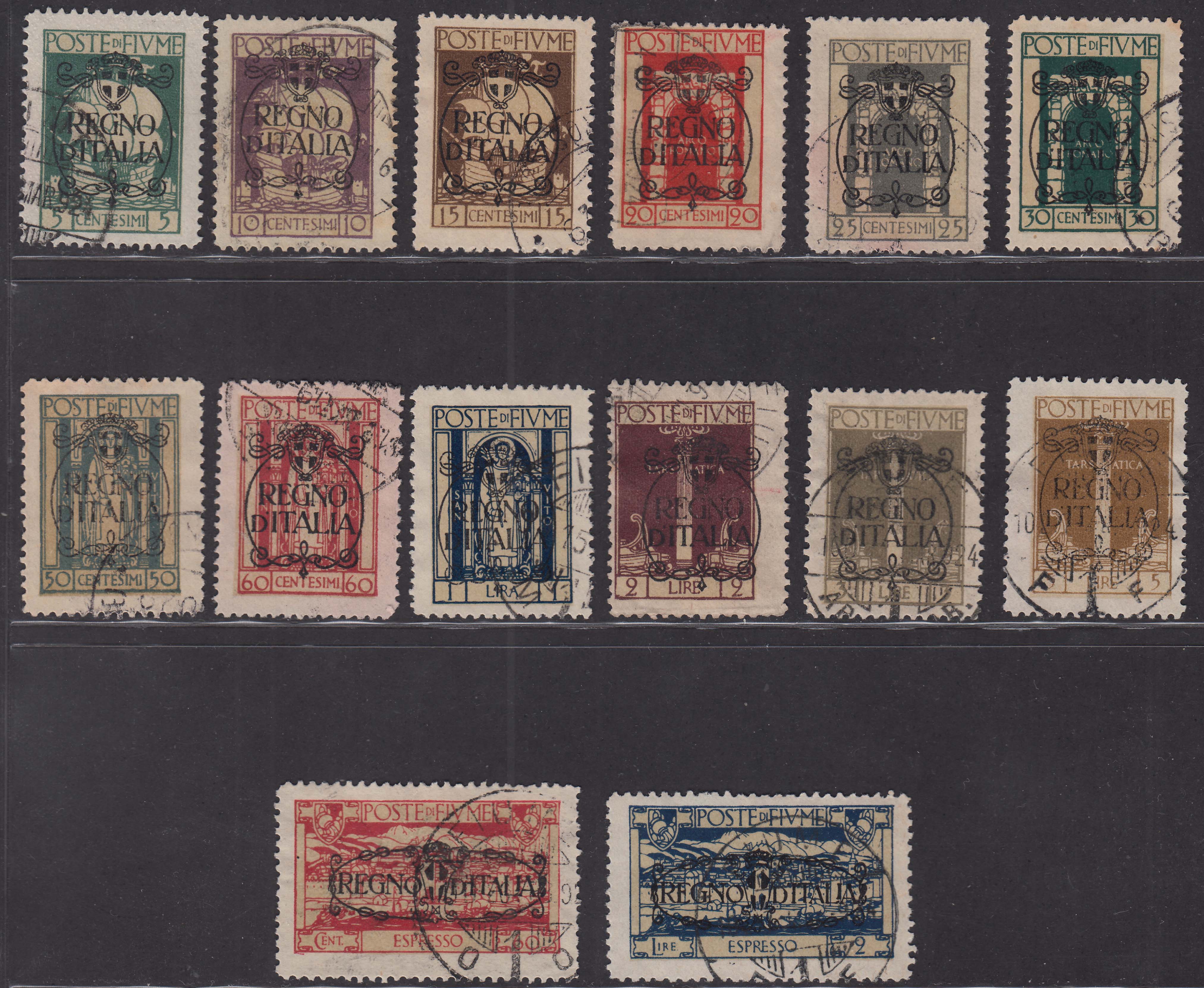 Fiume166 - 1924 - San Vito e soggetti vari, soprastampa REGNO D'ITALIA serie completa di 12 valori + 2 espressi usata (202/13 + E9/10)