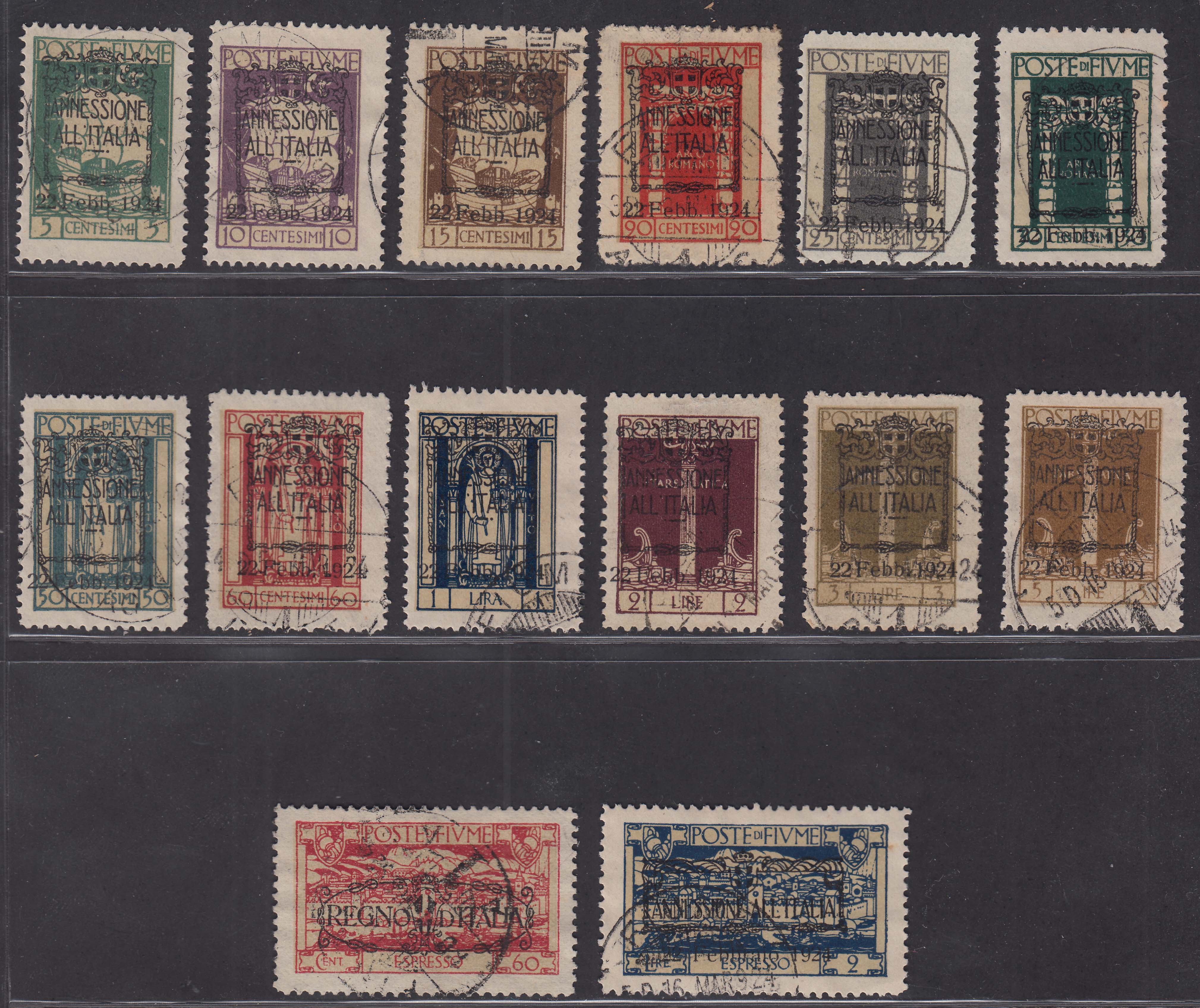 Fiume167 - 1923 - San Vito e soggetti vari, soprastampa REGNO D'ITALIA serie completa di 12 valori + 2 espressi usata (202/13 + E9/10)