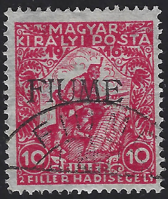 Fiume16 - 1918 - Postage stamp of Hungary Charity series, 10 filers (+2) red with hand overprint of the V type, used (1A/Va)