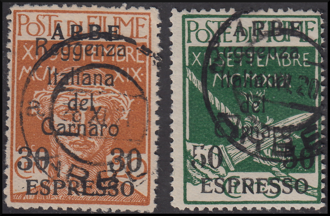 Fiume188 - 1920 - Legionari di Fiume soprastampati ARBE, Espressi due valori usati (1, 2)