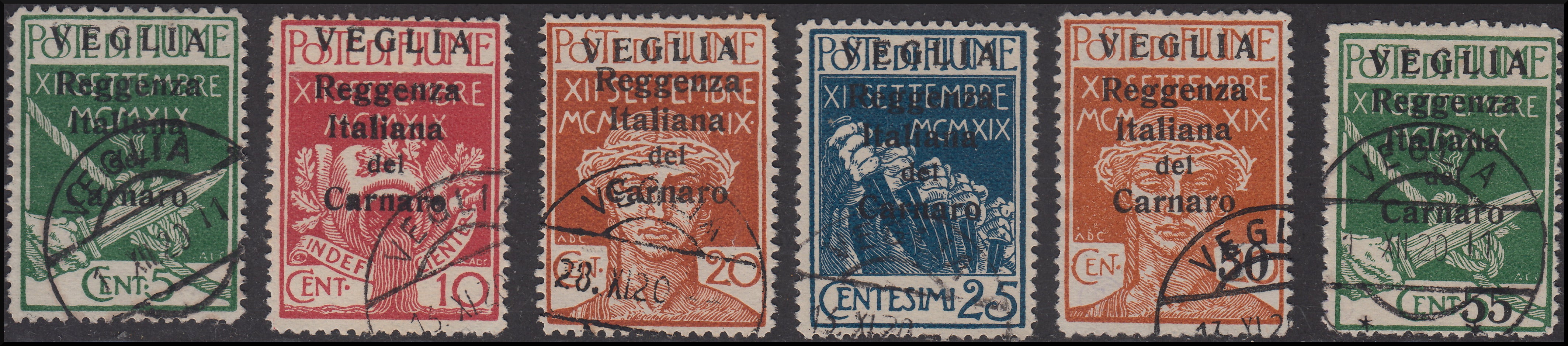 Fiume191 - 1920 - Legionari di Fiume soprastampati VEGLIA in caratteri piccoli, serie dei sei esemplari usati (5/10)