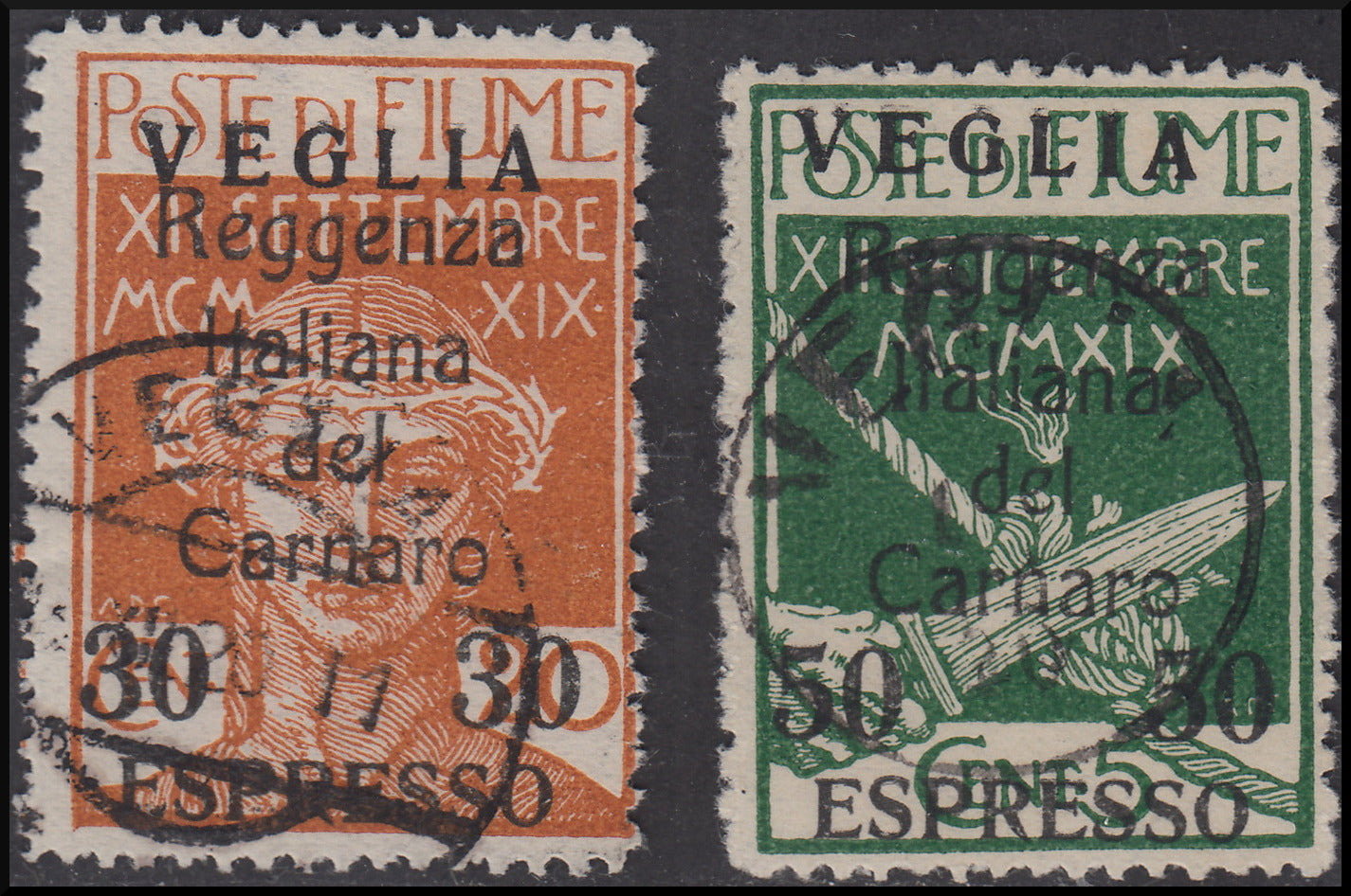 Fiume192 - 1920 - Legionari di Fiume soprastampati VEGLIA, Espressi due valori usati (1, 2)