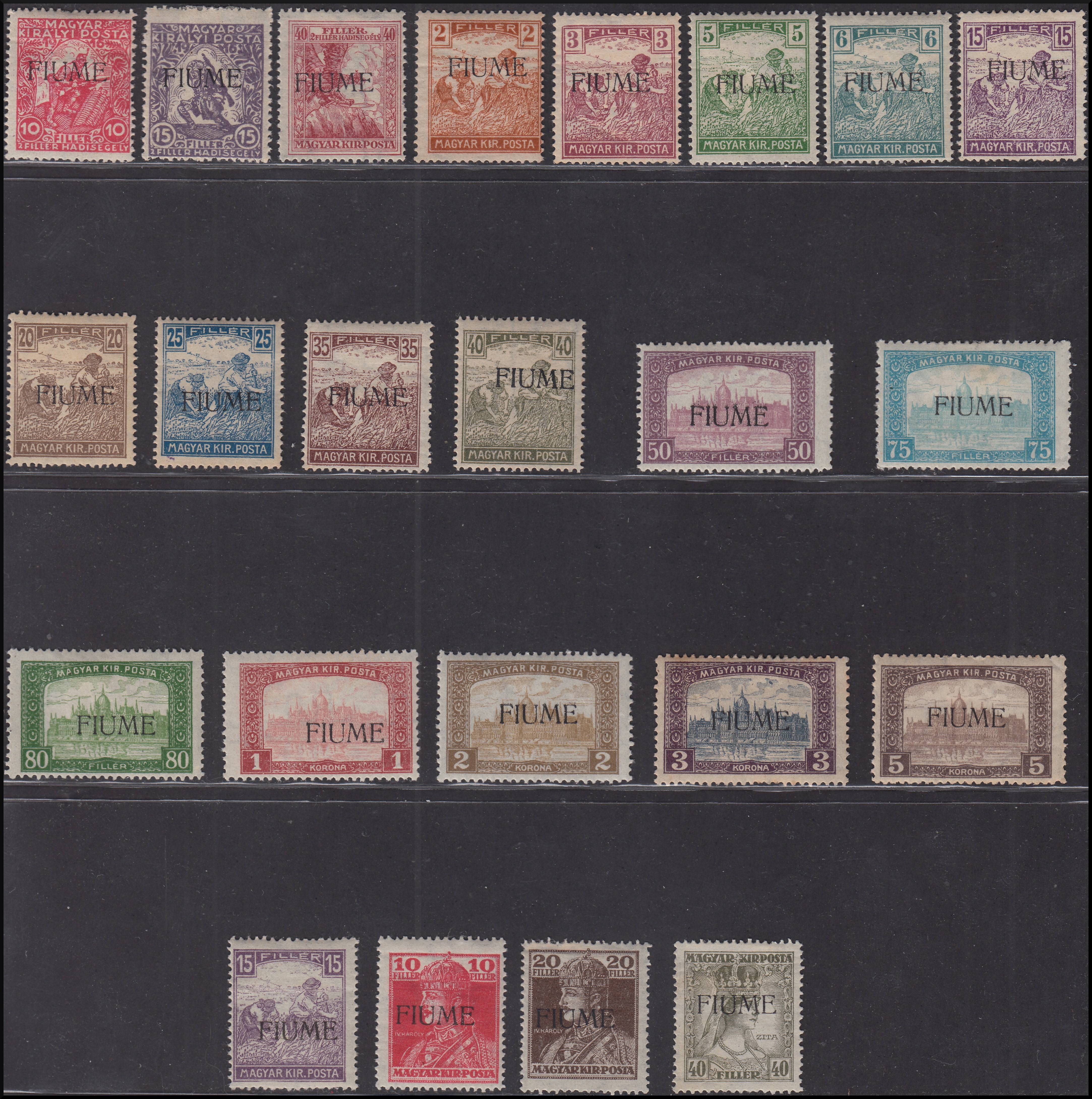 Fiume194 - 1918 - Beneficenza, Mietitori, Parlamento e Carlo e Zita, la serie con soprastampa a macchina senza il 10 filler cifre rosse e bianche e senza il 10 korona, nuova con gomma originale (1A/3, 4/7, 9/20, 23/26)