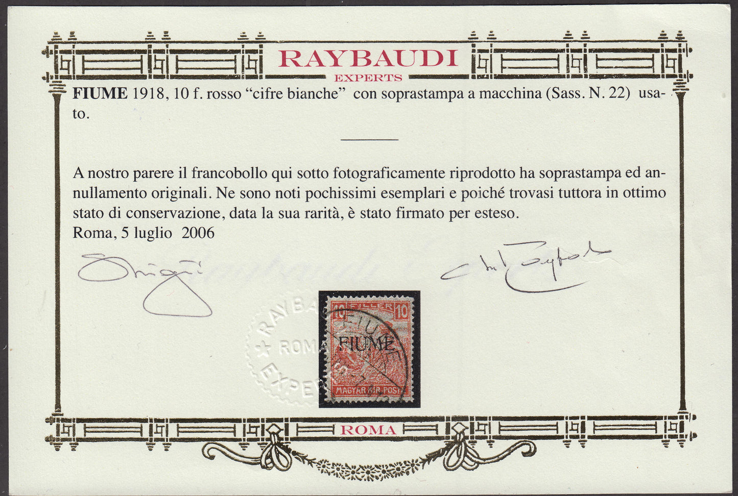 Fiume194 - 1918 - Francobollo di Ungheria 10 filler rosso cifre bianche con soprastampa a macchina usato (22)