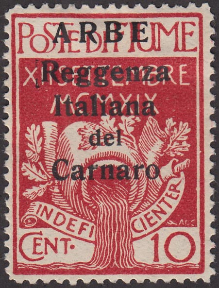 FIUME195 - 1920 - Legionari di Fiume soprastampati "Reggenza Italiana del Carnaro" e ARBE, c. 10 carminio con varietà "spazio tipografico prima di REGGENZA", nuovo con gomma (6ob)