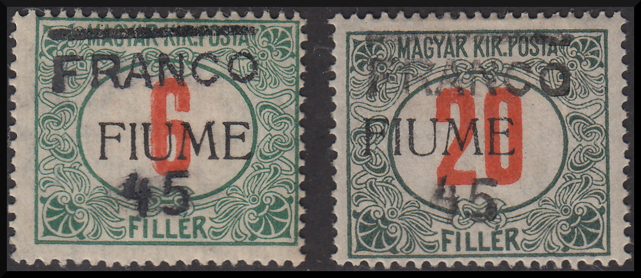 Fiume196 - 1918 - Segnatasse di Ungheria soprastampate Fiume a macchina e nuovo valore a mano "Franco 45", serie di due valori nuovi con gomma originale (29, 30)