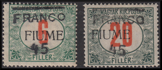 Fiume196 - 1918 - Hungarian tax stamps overprinted Fiume by machine and new value by hand "Franco 45", series of two new values ​​with original rubber (29, 30)