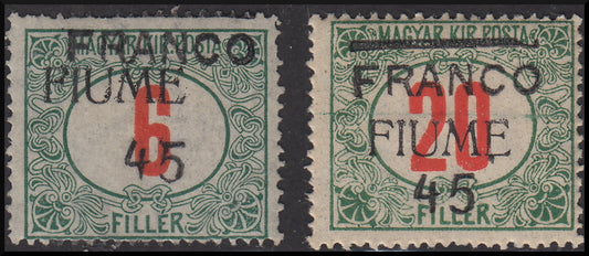 Fiume197 - 1918 - Hungarian tax stamps overprinted by Fiume by machine and new value by hand "Franco 45", series of two new values ​​with original rubber (29, 30)