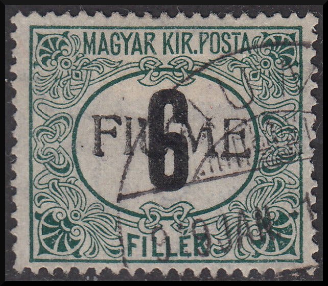 Fiume224 - 1918 - Segnatasse d'Ungheria 6 filler nero e verde filigrana C con soprastampa FIUME a mano del II tipo obliqua usato (C1/IIbb).