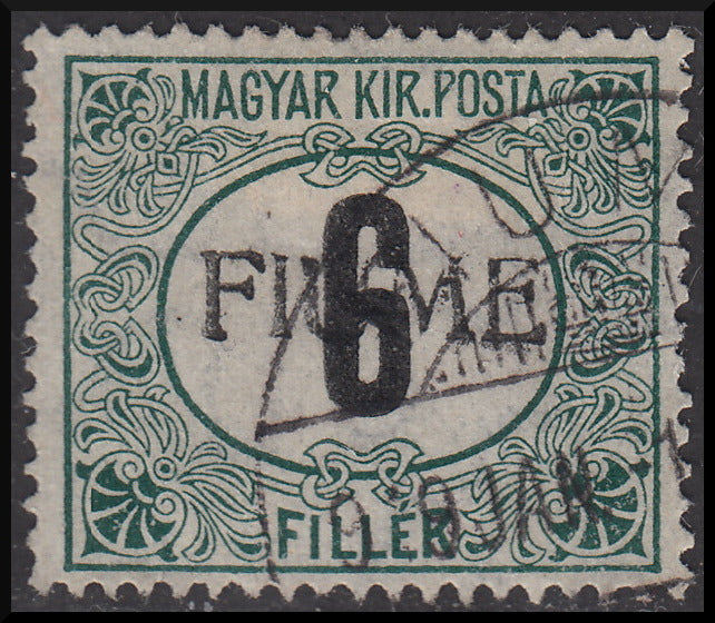 Fiume224 - 1918 - Hungarian tax postmarks 6 black and green filler watermark C with FIUME hand overprint of the second oblique type used (C1/IIbb).