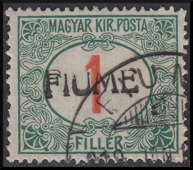 Fiume225 - 1918 - Hungarian tax postmarks 1 red and green filler with double hand FIUME overprint of the second type used (4/IIb).