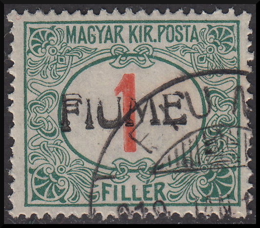 Fiume225 - 1918 - Segnatasse d'Ungheria 1 filler rosso e verde con doppia soprastampa FIUME a mano del II tipo usato (4/IIb).