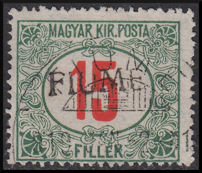 Fiume226 - 1918 - Matasellos fiscales húngaros 15 rellenos rojos y verdes con sobreimpresión a mano FIUME del tipo II oblicuo, usado (10/IIaaa).