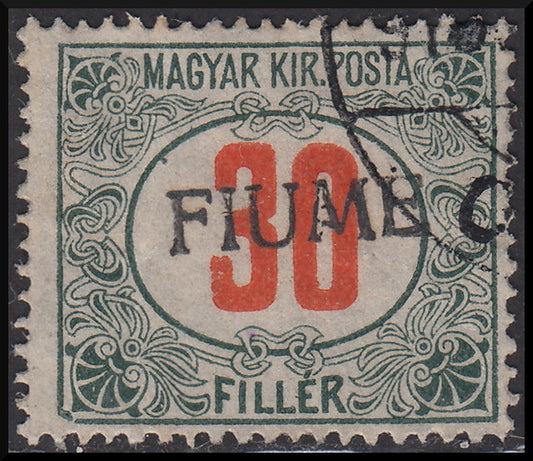 Fiume227 - 1918 - Matasellos fiscales húngaros 30 rellenos rojos y verdes con sobreimpresión a mano FIUME del segundo tipo oblicuo, usado (12/IIaaa).