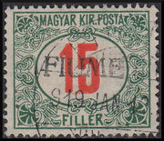 Fiume228 - 1918 - Segnatasse d'Ungheria 15 filler rosso e verde con soprastampa FIUME a mano del II tipo evanescente e obliqua, usato (10/IIad).