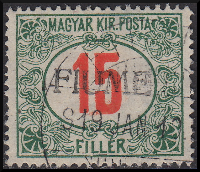 Fiume228 - 1918 - Matasellos fiscales húngaros 15 rellenos rojos y verdes con sobreimpresión FIUME evanescente y oblicua pintada a mano del tipo II, usado (10/IIad).