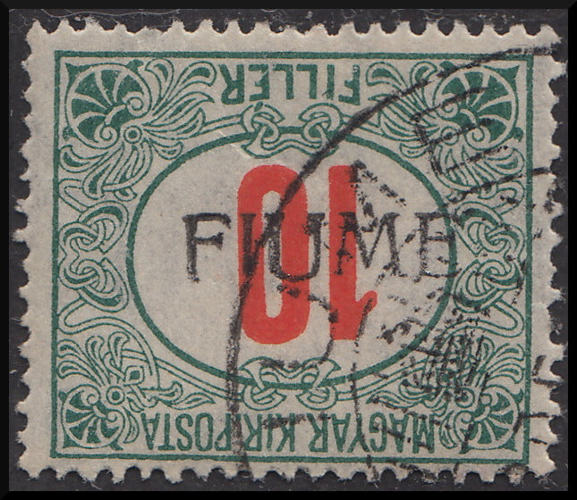 Fiume229 - 1918 - Matasellos fiscales húngaros con 10 rellenos rojos y verdes con sobreimpresión manual FIUME de tipo II al revés, usado (8/IIa).