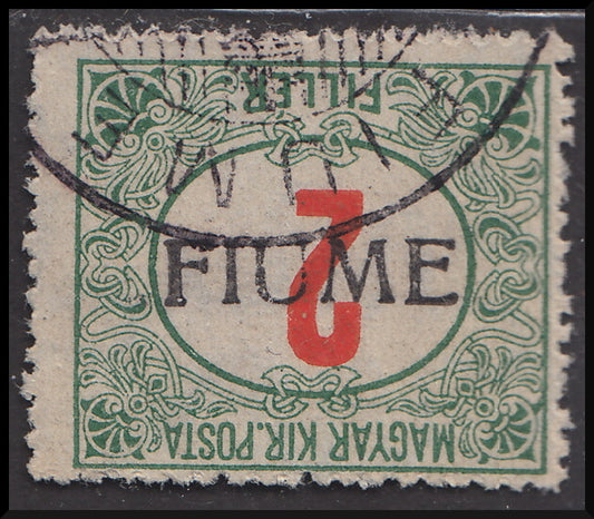 Fiume230 - 1918 - Hungarian tax postmarks 2 red and green fillers with FIUME hand overprint of type IV upside down, used (5/IVa).